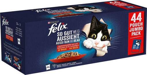 Felix Katzenfutter So gut wie es aussieht Stückchen in Gelee Sorten-Mix Huhn Rind Ente Lamm Adult 44 x 85 g - 44 x 85 g – Bild 1 von 7