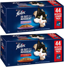 Produktbild von Felix Katzenfutter Stückchen in Gelee Geschmacksvielfalt vom Land und Gemischte Vielfalt für adulte Katzen 88x85g - 88 x 85 g
