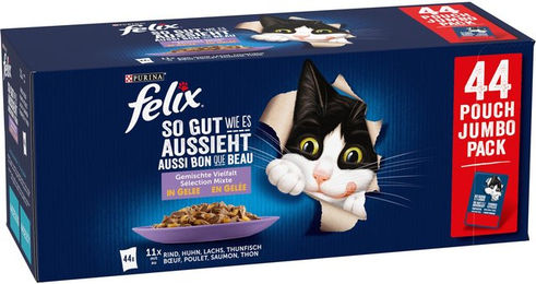 Felix Katzennassfutter So gut wie es aussieht Stückchen in Gelee Sorten-Mix Huhn Rind Lachs Thunfisch für ausgewachsene Katzen 44 x 85 g - 44 x 85 g – Bild 1 von 8