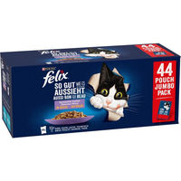 Produktbild von Felix Katzennassfutter So gut wie es aussieht Stückchen in Gelee Sorten-Mix Huhn Rind Lachs Thunfisch für ausgewachsene Katzen 44 x 85 g - 44 x 85 g