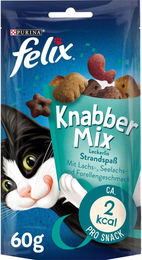 Produktbild von Felix KnabberMix Strandspaß Katzensnack bunter Mix mit Lachs, Seelachs und Forelle für erwachsene Katzen 4x60g