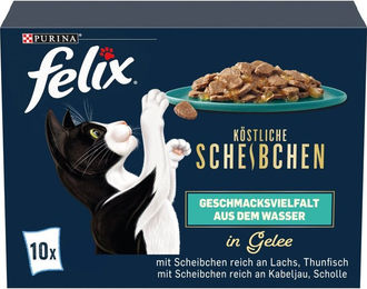 Felix Köstliche Scheibchen Geschmacksvielfalt aus dem Wasser Katzen Nassfutter Adult Lachs Thunfisch Kabeljau 60x80g – Bild 1 von 1