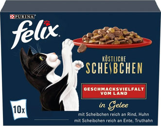 Produktbild von Felix Köstliche Scheibchen Geschmacksvielfalt vom Land Katzen Nassfutter Adult Rind Huhn Ente Truthahn 60x80g