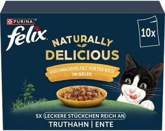 Felix Naturally Delicious Katzen Nassfutter Wiese mit Truthahn und Ente Stückchen in Gelee getreidefrei 10x80g - 10 x 80 g – Bild 1 von 8