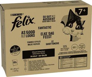 Produktbild von Felix Senior Katzen Nassfutter Stückchen in Gelee Fleisch Mixpaket Rind Lachs Huhn Thunfisch 80 x 85 g - 80 x 85 g