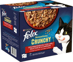 Felix Sensations Crunchy Katzen Nassfutter Geschmacksvielfalt vom Land Huhn Rind Kaninchen Lamm mit Knusperstückchen in Gelee für erwachsene Katzen 22 x 85 g + 2 x 40 g - 20 x 85 g – Bild 1 von 3
