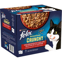 Produktbild von Felix Sensations Crunchy Katzen Nassfutter Geschmacksvielfalt vom Land Huhn Rind Kaninchen Lamm mit Knusperstückchen in Gelee für erwachsene Katzen 22 x 85 g + 2 x 40 g - 20 x 85 g