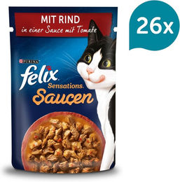 Produktbild von FELIX Sensations Katzen Nassfutter Stückchen in Sauce mit Rind und Tomate für adulte Katzen 26x85g