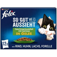 Produktbild von Felix So gut wie es aussieht Katzen Nassfutter Gemischte Vielfalt mit Huhn, Lachs, Forelle und Rind in Gelee mit Gemüse für erwachsene Katzen 12x85g - 12 x 85 g