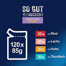 Felix So gut wie es aussieht Katzenfutter Senior Stückchen in Gelee Sortenmix Rind Huhn Lachs Thunfisch 120 x 85g - 120 x 85 g – Bild 1 von 8