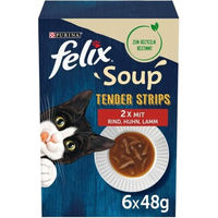 Produktbild von Felix Soup Tender Strips Katzen Nassfutter Vielfalt vom Land mit Rind, Huhn & Lamm für ausgewachsene Katzen 8 x 48 g ohne künstliche Farb-, Konservierungs- und Aromastoffe