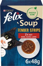 Produktbild von Felix Soup Tender Strips Katzen-Suppe mit Rind, Huhn und Lamm für erwachsene Katzen 48x48g - 48 x 48 g