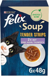 Felix Soup Tender Strips Nassfutter für ausgewachsene Katzen mit Rind, Huhn und Thunfisch zur Flüssigkeitsversorgung – Bild 1 von 1