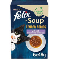 Produktbild von Felix Soup Tender Strips Nassfutter für ausgewachsene Katzen mit Rind, Huhn und Thunfisch zur Flüssigkeitsversorgung