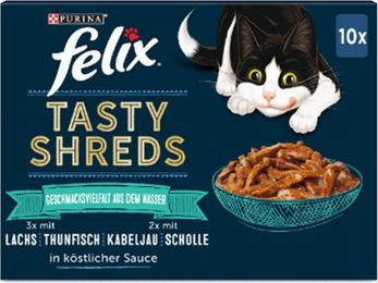 Produktbild von Felix Tasty Shreds Katzen Nassfutter Adult Geschmacksvielfalt aus dem Wasser Lachs Thunfisch Kabeljau 10x80g - 10 x 80 g