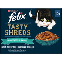 Produktbild von Felix Tasty Shreds Katzen Nassfutter Adult Geschmacksvielfalt aus dem Wasser Lachs Thunfisch Kabeljau 10x80g - 10 x 80 g