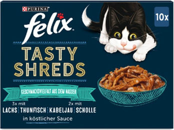 Produktbild von Felix Tasty Shreds Katzen Nassfutter Adult Geschmacksvielfalt Lachs Thunfisch Kabeljau Stückchen in Sauce 30x80g