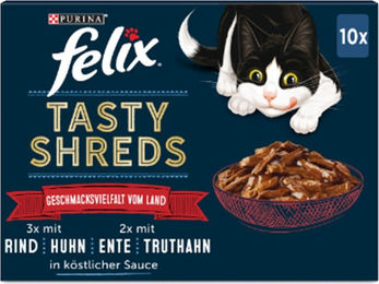 Produktbild von Felix Tasty Shreds Katzen Nassfutter Adult Stückchen in Sauce Geschmacksvielfalt Rind Huhn Ente Truthahn 30x80g - 30 x 80 g