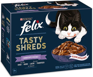 Produktbild von Felix Tasty Shreds Katzen Nassfutter für Adult mit Rind, Huhn, Lachs und Thunfisch in Sauce 10x80g - 10 x 80 g