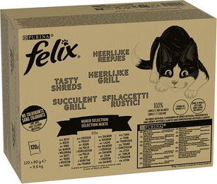 Produktbild von Felix Tasty Shreds Katzen Nassfutter Jumbopack 120 x 80 g Gemischte Auswahl Stückchen in Sauce ohne Farb- und Aromastoffe sowie Konservierungsstoffe - 120 x 80 g