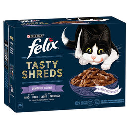 Felix Tasty Shreds Katzen Nassfutter Stückchen in Sauce Gemischte Vielfalt Rind Huhn Lachs Thunfisch Adult 30 x 80 g - 30 x 80 g – Bild 1 von 2