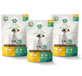 Fellicita Fellonis Hundesnacks Fleischstreifen Huhn und Flussbarsch 3 x 100g – Bild 1 von 1