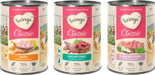 Produktbild von Feringa Classic Meat Menü Katzenfutter Mixpaket mit Geflügel, Lamm, Kaninchen, Lachs und Truthahn getreidefrei 6 x 400 g