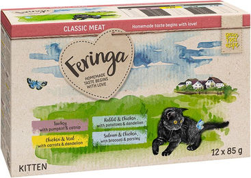 Produktbild von Feringa Classic Meat Menü Kitten Pouch Mixpaket 12 x 85 g Getreidefrei mit Pute Huhn Kalb Kaninchen und Lachs - 12 x 85 g