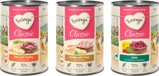 Produktbild von Feringa Classic Meat Menü Mixpaket 3 für Katzen mit Wild Rind Geflügel Huhn und Forelle 6 x 400 g getreidefrei mit hohem Fleischanteil - 6 x 400 g