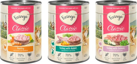 Produktbild von Feringa Classic Meat Menü Mixpaket für Katzen 6 x 400 g mit Kaninchen, Truthahn, Geflügel und Lachs getreidefrei - 6 x 400 g
