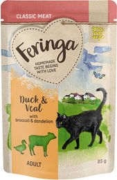 Produktbild von Feringa Classic Meat Menü Pouch Ente Kalb mit Fisch und Broccoli getreidefrei 12 x 85 g - 12 x 85 g
