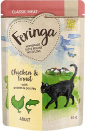 Produktbild von Feringa Classic Meat Menü Pouch Forelle und Huhn mit Kartoffel getreidefrei 12 x 85 g - 12 x 85 g