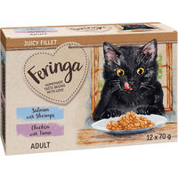 Produktbild von Feringa Juicy Fillet Katzen Nassfutter Adult Mixpaket Lachs mit Garnele Huhn und Thunfisch in Sauce 12 x 70 g getreidefrei und glutenfrei - 12 x 70 g