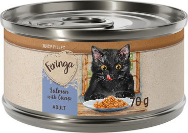 Produktbild von Feringa Juicy Fillet Katzen Nassfutter Lachs mit Thunfisch Stückchen in Sauce für erwachsene Katzen getreidefrei glutenfrei 12 x 70 g - 12 x 70 g