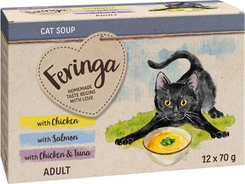 Produktbild von Feringa Katzensuppe Mixpaket mit Huhn, Lachs und Thunfisch 12 x 70 g getreidefrei und glutenfrei