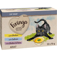 Produktbild von Feringa Katzensuppe Mixpaket mit Huhn, Lachs und Thunfisch 12 x 70 g getreidefrei und glutenfrei