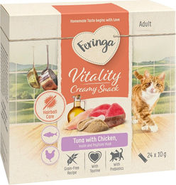Produktbild von Feringa Vitality Creamy Snacks Katzen Cremes mit Thunfisch und Huhn zur Unterstützung der Verdauung und gegen Haarballen 48 x 10 g