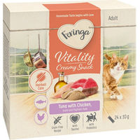 Produktbild von Feringa Vitality Creamy Snacks Katzen Cremes mit Thunfisch und Huhn zur Unterstützung der Verdauung und gegen Haarballen 48 x 10 g