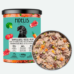 Produktbild von fidelis.dog Hundefutter Ente mit Süßkartoffel, Birne und Blaubeeren getreidefrei 400g