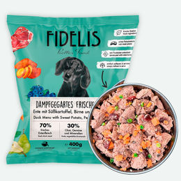 Produktbild von fidelis.dog Hundefutter Ente mit Süßkartoffel, Birne und Blaubeeren getreidefrei gefroren 400g