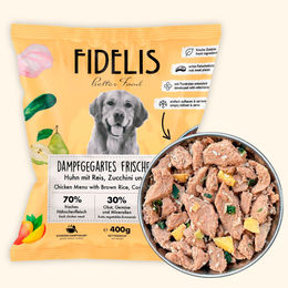 Produktbild von fidelis.dog Hundefutter Huhn mit Reis, Zucchini und Mango 400g gefroren mit hohem Fleischanteil und ohne Konservierungsstoffe