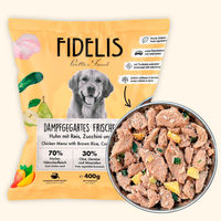 Produktbild von fidelis.dog Hundefutter Huhn mit Reis, Zucchini und Mango 400g gefroren mit hohem Fleischanteil und ohne Konservierungsstoffe