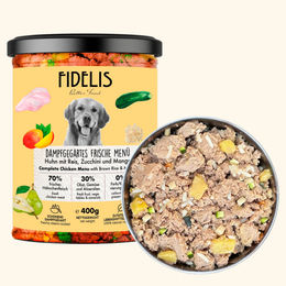 Produktbild von fidelis.dog Hundefutter Huhn mit Reis, Zucchini und Mango im Glas ohne Konservierungsstoffe 400g