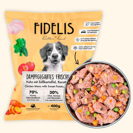 Produktbild von fidelis.dog Hundefutter Huhn mit Süßkartoffel, Karotte und Apfel getreidefrei 400g gefroren