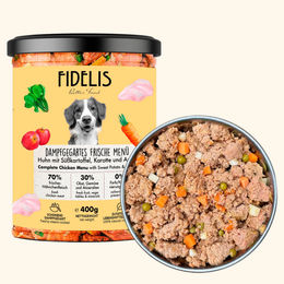 Produktbild von fidelis.dog Hundefutter Huhn mit Süßkartoffel, Karotte und Apfel, getreidefrei und sensitive, 400g Glas