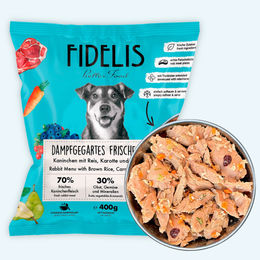 Produktbild von fidelis.dog Hundefutter Kaninchen mit Reis, Karotte und Cranberries Sensitive ohne Konservierungsstoffe 400g gefroren