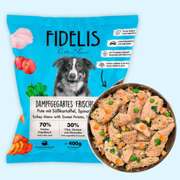 Produktbild von fidelis.dog Hundefutter Pute mit Süßkartoffel, Spinat und Apfel getreidefrei 400g gefroren