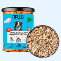 Produktbild von fidelis.dog Hundefutter Pute mit Süßkartoffel, Spinat und Apfel getreidefrei Sensitive 400g Glas