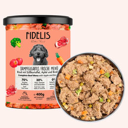Produktbild von fidelis.dog Hundefutter Rind mit Süßkartoffel, Apfel und Brokkoli getreidefrei im Glas 400g
