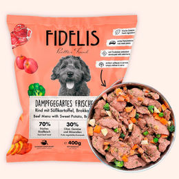 Produktbild von fidelis.dog Hundefutter Rind mit Süßkartoffel, Brokkoli und Apfel 400g gefroren mit hohem Fleischanteil und ohne Konservierungsstoffe